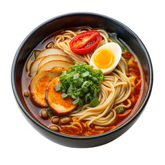 Delicious bowl of ramen with sliced pork, soft-boiled egg, fresh vegetables, and savory broth in a black bowl. Ideal for Asian cuisine content.