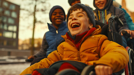 The concept of caring and loving towards disabled children. A boy in a wheelchair is smiling and laughing with his friends. The action takes place in a park