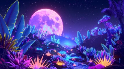 Wall Mural -  neon-lit landscape under a glowing neon purple 