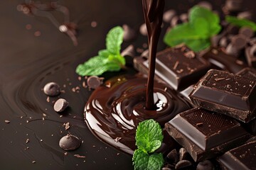 Wall Mural - melted chocolate pouring into a piece of chocolate bars with green mint leaf on a table. Generative ai