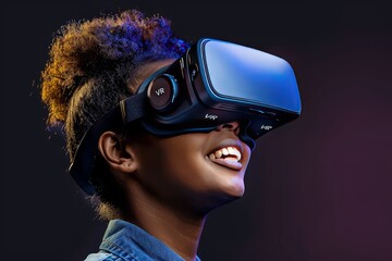 Sticker - Woman smiling while wearing a VR headset, fully immersed in a virtual experience with a dark, vibrant background