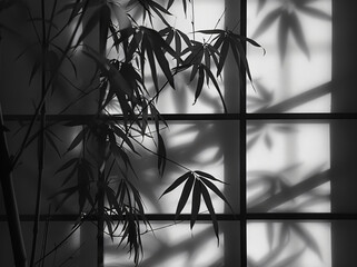 Canvas Print - Abstract background with window shadows on a white wall and bamboo plant, monochrome, minimalist style, soft light, natural shadow, simple composition, high resolution photography, detailed texture of