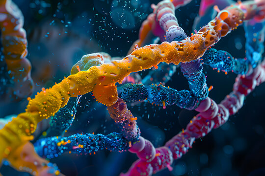 Close-up of colorful DNA strands highlighting the complexity and beauty of genetic material in a microscopic view.