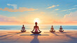 © Prateek - Abstract cartoon image of a serene yoga session at sunrise on the beach. Emphasize the calm atmosphere, the natural beauty of the setting, and the poses of the participants from far perspective.