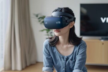 Poster - Woman at home using a VR headset, enjoying a virtual experience while sitting comfortably in a modern living room