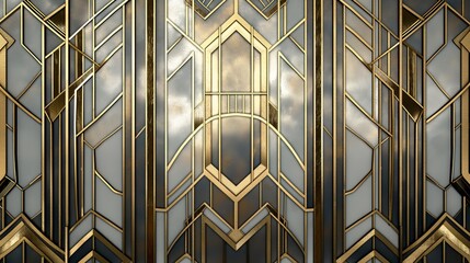 Poster - A close-up of a window with an art deco geometric design featuring gold accents and a cloudy sky view