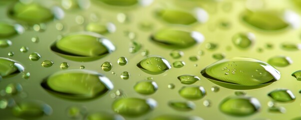 Close-up of green water droplets on a surface, macro shot. Natural freshness and purity concept