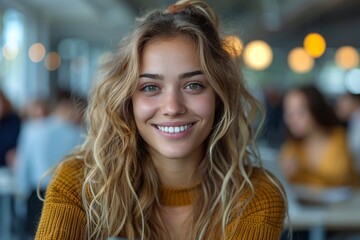 A young caucasian woman, smiling at the camera, wears a beanie and a brown-orange winter coat, enjoying a happy moment indoors with her friend.