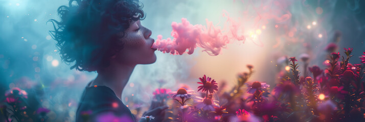 Woman Exhaling Colorful Smoke in Enchanted Garden, Uplifting Colorful Portraits: High Smoking Zen Moments Captured in Vibrant Detail