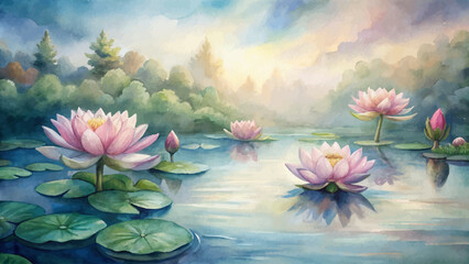 Sticker - Tranquil lotus flower watercolor background