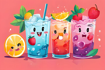 Tiny characters, male and female, beat the heat with refreshing drinks! Giant glasses and colorful beverages showcase the joy of summer refreshment.