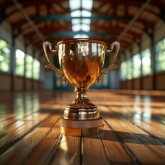 Poster - Golden trophy winner cup blurred background of sports ground hall