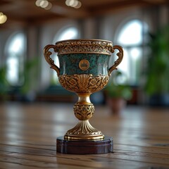 Poster - Golden trophy winner cup blurred background of sports ground hall