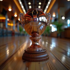 Poster - Golden trophy winner cup blurred background of sports ground hall