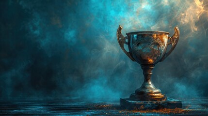 Poster - Golden trophy winner cup on smoky aquamarine background