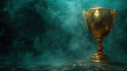 Poster - Golden trophy winner cup on smoky aquamarine background