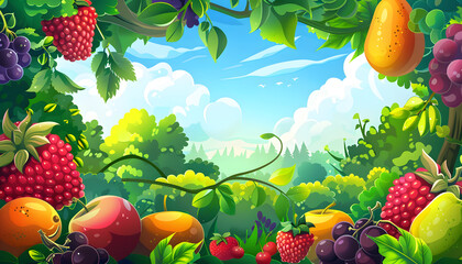 Wall Mural - beautiful nature background, fruit garden cartoon illustration