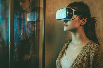 Sticker - Woman exploring virtual reality in a high tech museum, interacting with VR displays