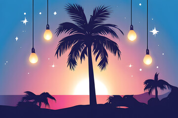 Poster - A charming scene unfolds with a palm tree swaying gently under a backdrop of vintage-hued lights. This flat icon design captures the relaxed vibes of a tropical party atmosphere.