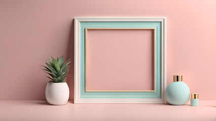 Wall Mural - A framed white and blue picture sits on a table next to a potted plant