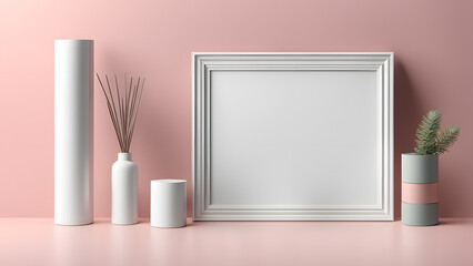 Sticker - A white framed picture sits on a table next to a vase and a potted plant