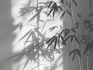 Wall Mural - Abstract background with window shadows on a white wall and bamboo plant, monochrome, minimalist style, soft light, natural shadow, simple composition, high resolution photography, detailed texture of