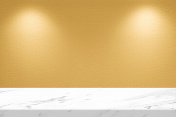 Canvas Print - White Marble Table with Spotlight and Shadow on the gold Concrete Wall Background