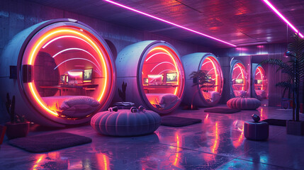 Wall Mural - Innovative office design with futuristic pods and neon lights.