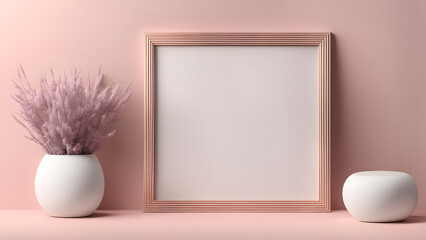 Wall Mural - A white frame with a pink flower in it sits on a table