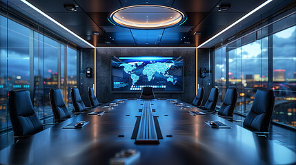 Wall Mural - Modern office conference room with video conferencing tools.