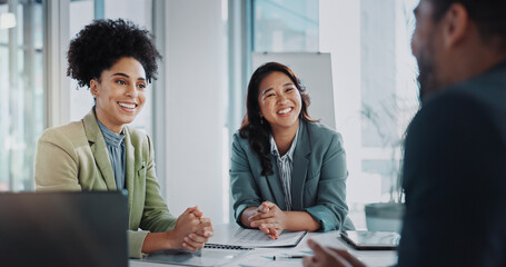Leinwandbilder - Professional, business people and hr team for interview, recruitment or hiring process for person. Boardroom, managers and job seeker for employment, questions and discussion of career task in office