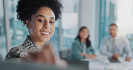Poster - Face, presentation and writing with business woman in boardroom of office for coaching or planning. Meeting, training and workshop with happy employee in workplace for development of our vision