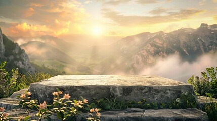 Stone podium outdoors floor at sunrise with beautiful misty mountain nature landscape background.Cosmetic product placement pedestal present stand display,summer paradise concept. Generative ai
