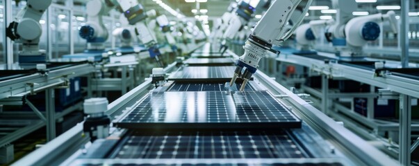 Sticker - Automated robotic arm working on solar panel production line in high-tech factory