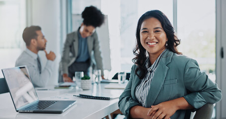 Aufkleber - Laptop, portrait and business woman in meeting at office for company budget planning with revenue. Smile, computer and Asian female financial analyst with team for corporate stock investment pride