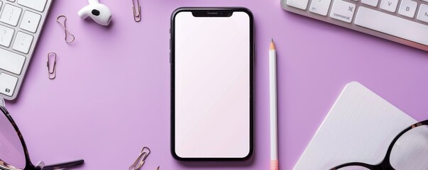 Poster - Blank white screen of an iPhone on a purple desk with office supplies