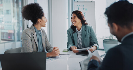 Poster - Business people, paperwork and speaking in office meeting, collaboration and teamwork for proposal. Employees, talking and documents for finance review, support and briefing in boardroom for project