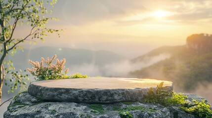Wall Mural - Stone podium outdoors floor at sunrise with beautiful misty mountain nature landscape background.Cosmetic product placement pedestal present stand display,summer paradise concept. Generative ai