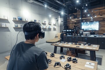 Sticker - People trying VR headsets in a modern showroom, exploring virtual experiences and new technology