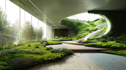 Wall Mural - Sustainable office design with green roofs and living walls.