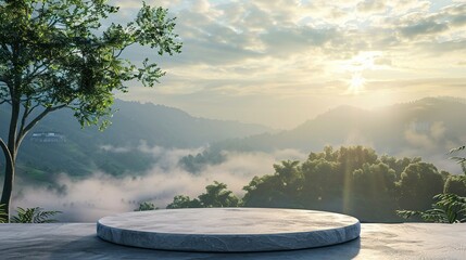 Wall Mural - Stone podium outdoors floor at sunrise with beautiful misty mountain nature landscape background.Cosmetic product placement pedestal present stand display,summer paradise concept. Generative ai