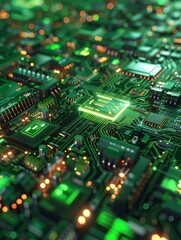Poster - Top view, Artificial General Intelligence as a super computer made up of many chips and electronic circuits, glowing chip, green digital and futuristic, C4D