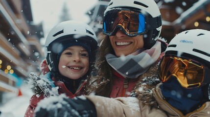 Wall Mural - portrait of a happy mother with two children in ski gear against the backdrop of an elegant winter resort, close-up shot, soft daylight, professional color grading, commercial photography, in the styl