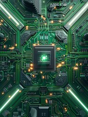Poster - Top view, Artificial General Intelligence as a super computer made up of many chips and electronic circuits, glowing chip, green digital and futuristic, C4D