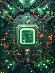 Poster - Top view, Artificial General Intelligence as a super computer made up of many chips and electronic circuits, glowing chip, green digital and futuristic, C4D