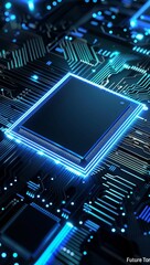 Poster - Close-up of a circuit board with glowing blue lines and microchip details