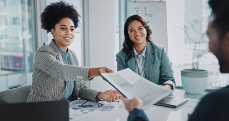 Poster - Business people, document and clients in meeting for proposal, collaboration and investment advice. Analyst, stakeholder or investor with portfolio for planning, review and opportunity or offer