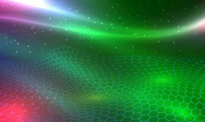 Fototapete - 3D landscape futuristic hexagon, technology and science concept. Hexagon and honeycomb, digital field. Big data stream. Network connection. Artificial intelligence. Technology wallpaper. Vector EPS10.