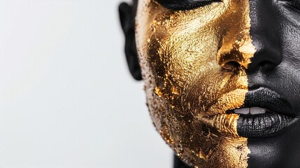 Close-up of a face painted with half gold and half black paint, symbolizing duality and contrast in a striking artistic expression.