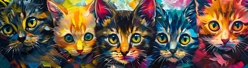  painting on the wall, colorful faces of cute kittens
